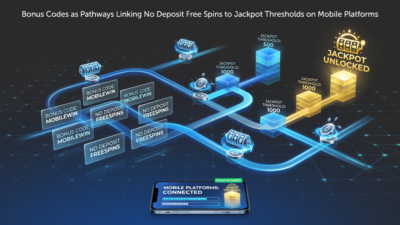Illustration von Bonus-Codes die No-Deposit-Free-Spins mit mobilen Jackpot-Schwellen verbinden
